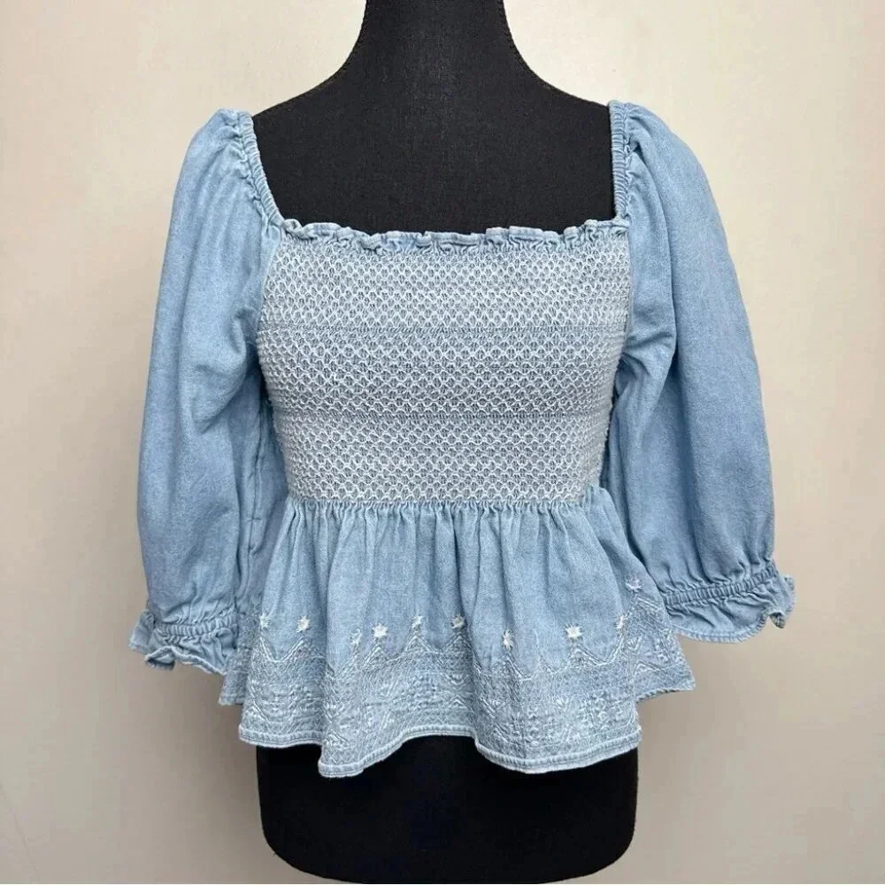 American Eagle Womens Small Smocked Square Neck Babydoll Chambray Top - Picture 3 of 14
